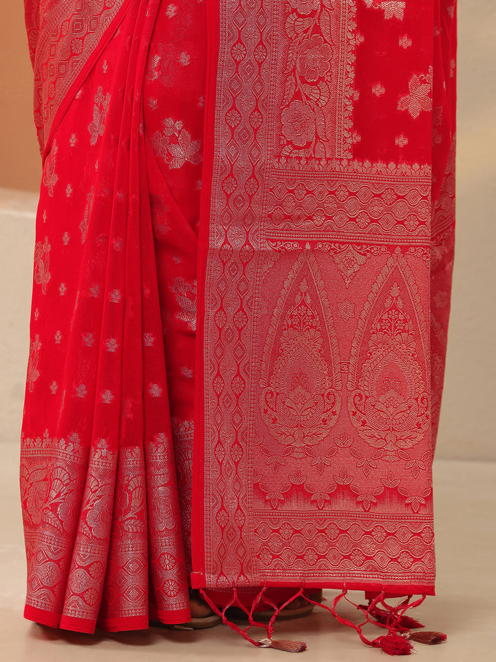 Red Woven Design Pure Georgette Saree With Unstitched Blouse Piece