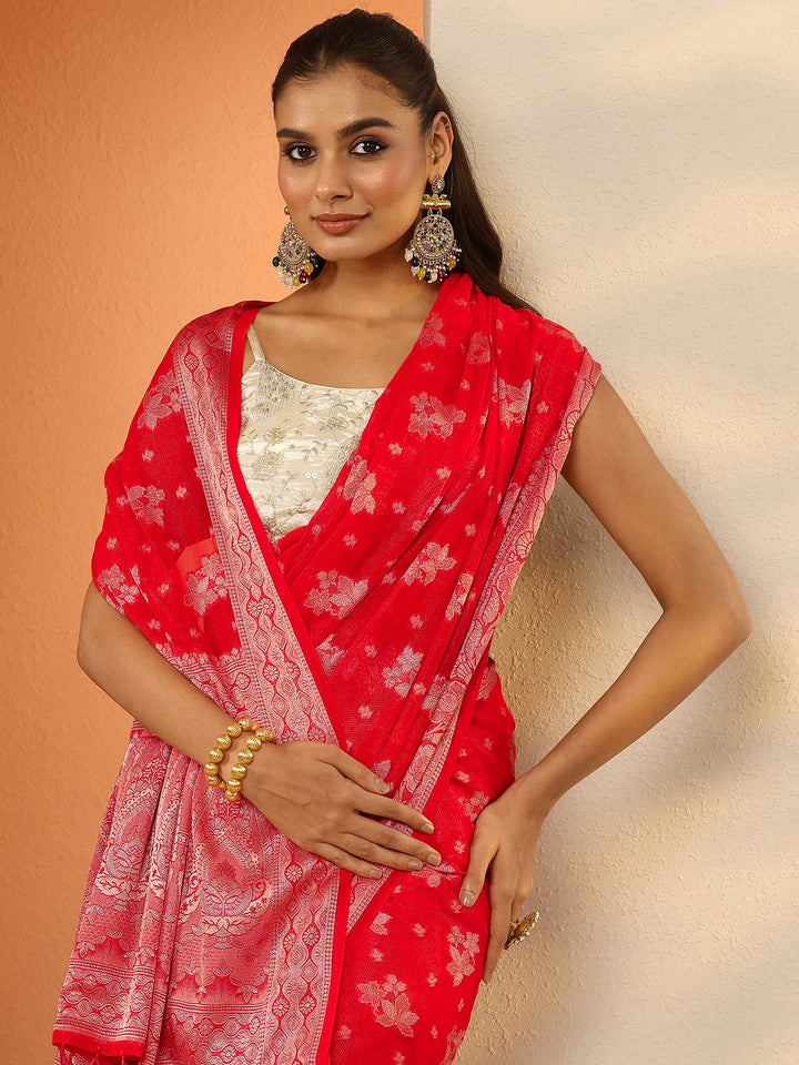 Red Woven Design Pure Georgette Saree With Unstitched Blouse Piece