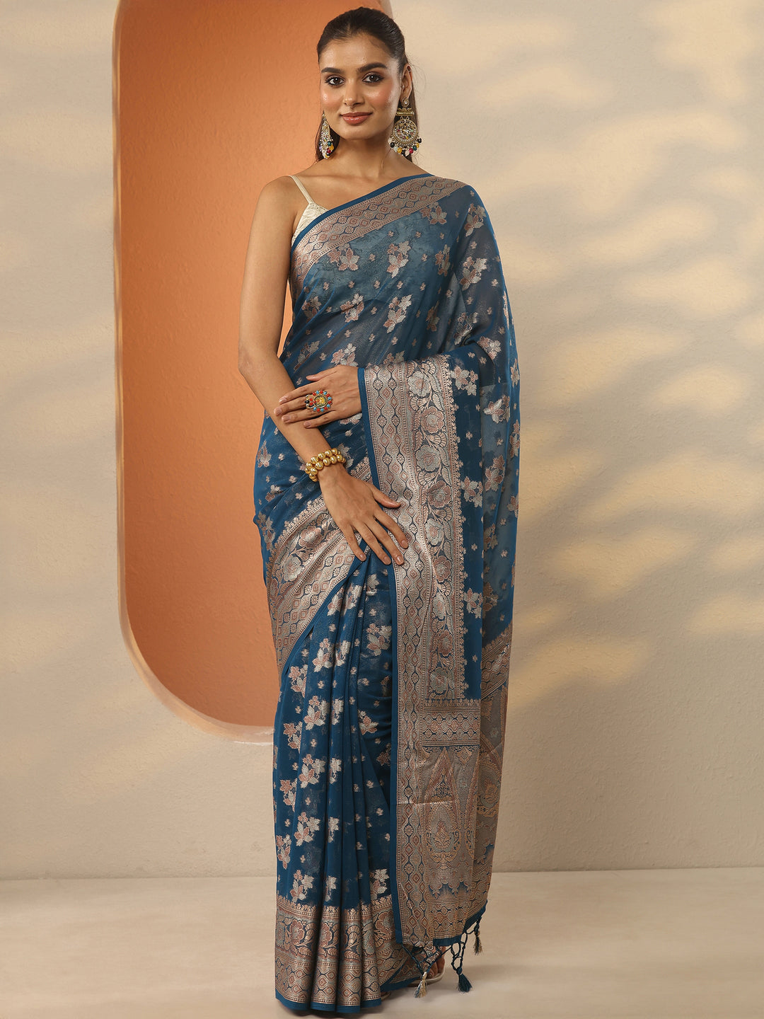 Navy Blue Woven Design Pure Georgette Saree With Unstitched Blouse Piece
