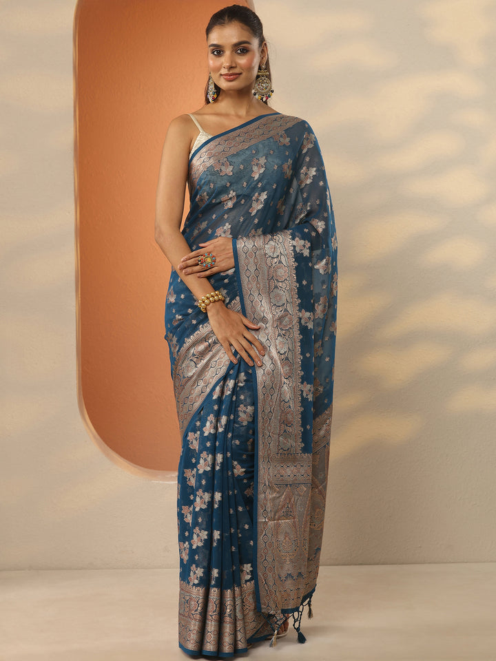 Navy Blue Woven Design Pure Georgette Saree With Unstitched Blouse Piece