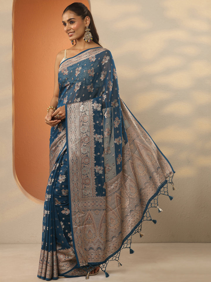 Navy Blue Woven Design Pure Georgette Saree With Unstitched Blouse Piece