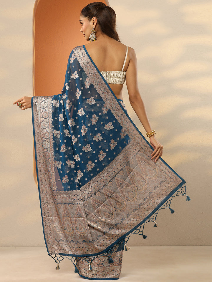 Navy Blue Woven Design Pure Georgette Saree With Unstitched Blouse Piece