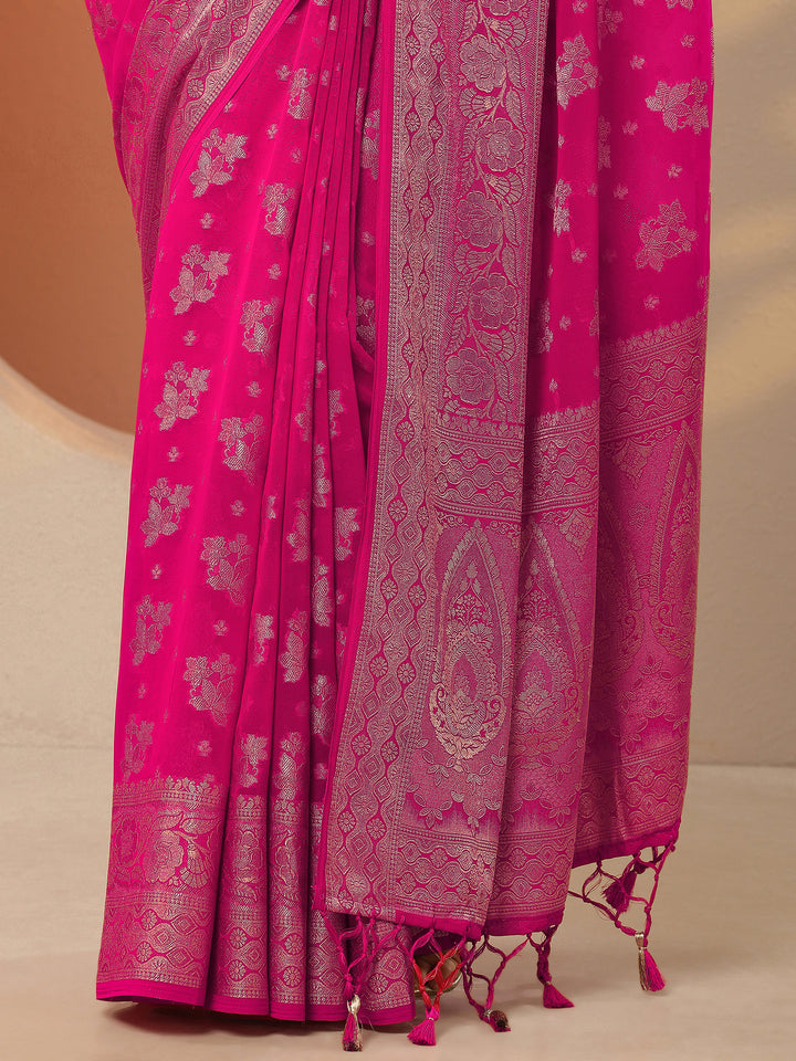 Pink Woven Design Pure Georgette Saree With Unstitched Blouse Piece