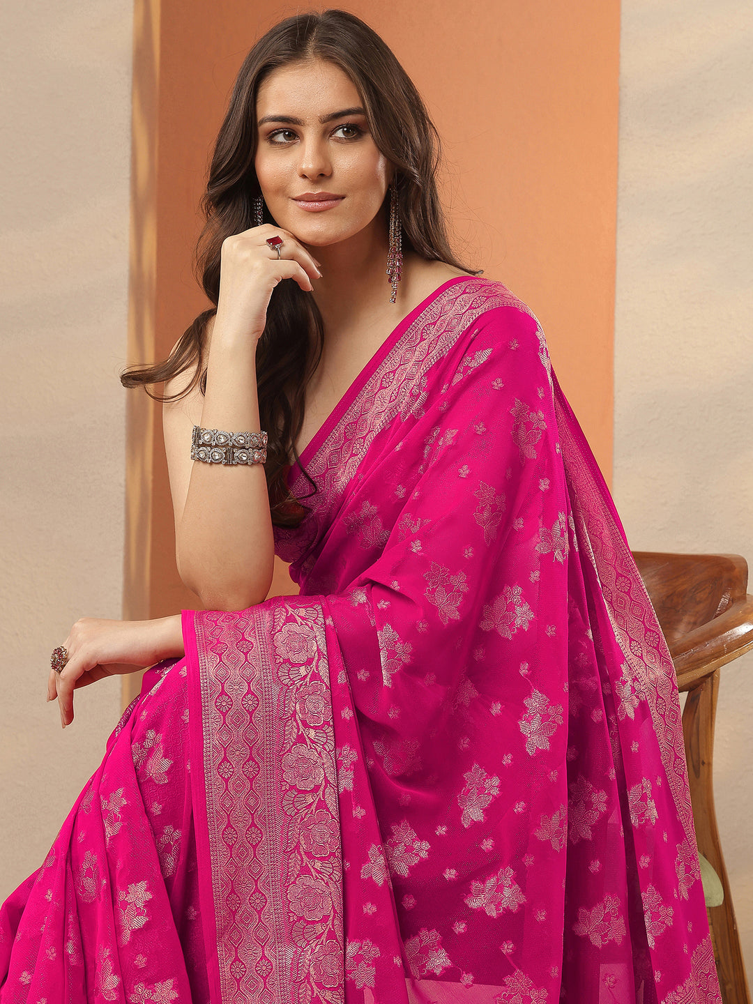 Pink Woven Design Pure Georgette Saree With Unstitched Blouse Piece