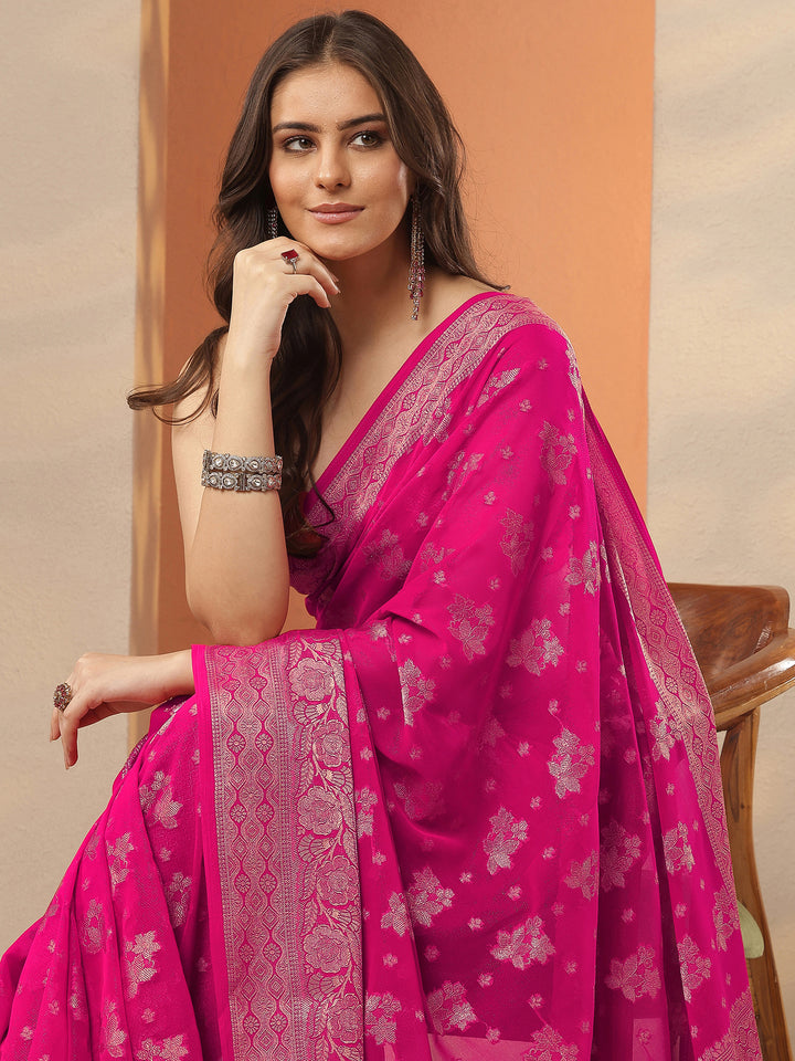 Pink Woven Design Pure Georgette Saree With Unstitched Blouse Piece