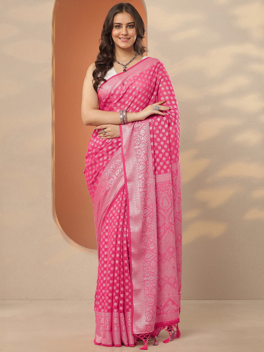 Pink Woven Design Pure Georgette Saree With Unstitched Blouse Piece