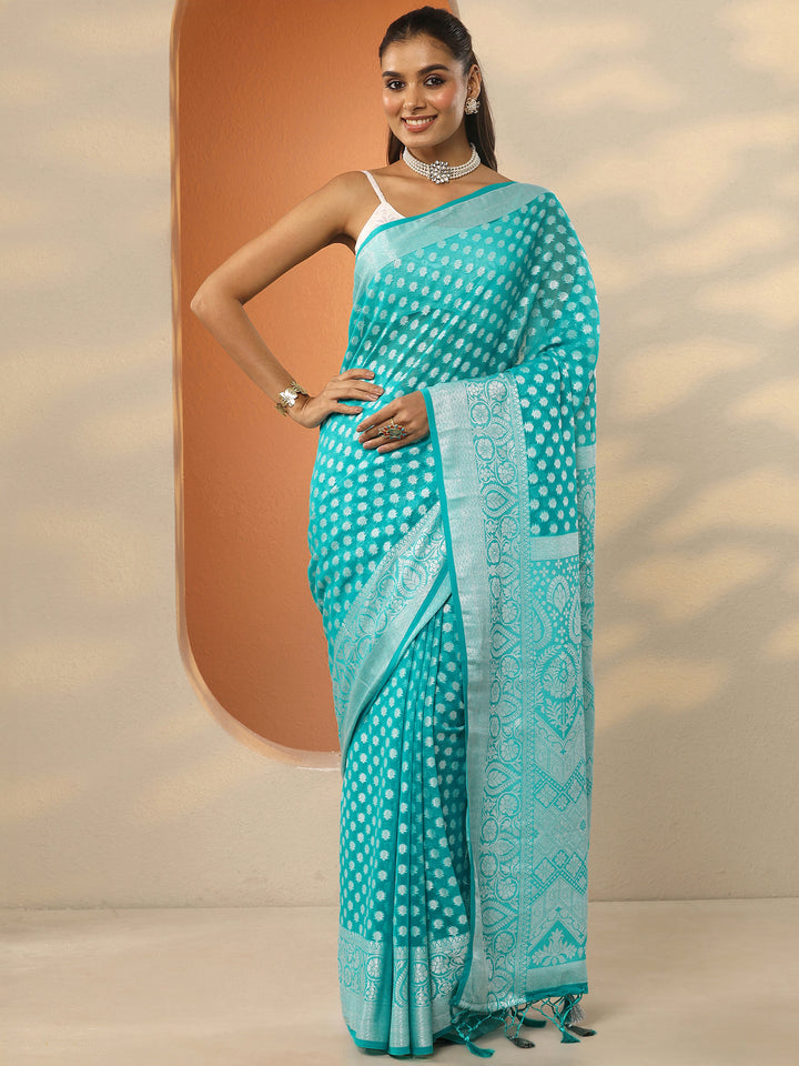 Green Woven Design Pure Georgette Saree With Unstitched Blouse Piece