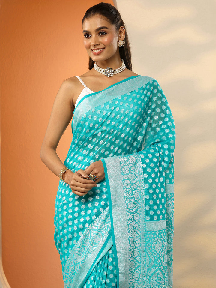 Green Woven Design Pure Georgette Saree With Unstitched Blouse Piece