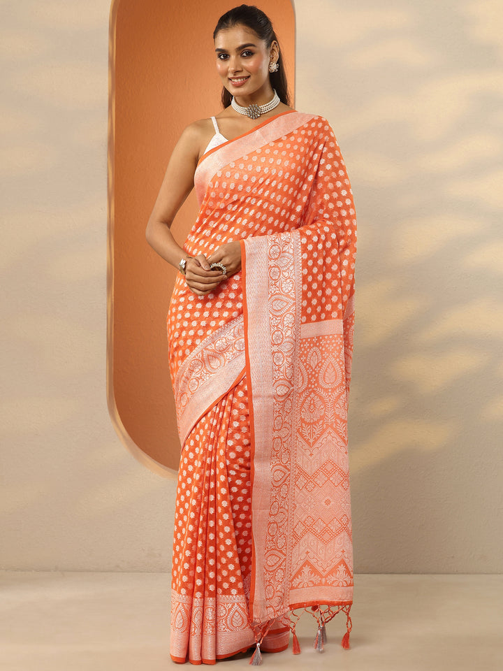 Orange Woven Design Pure Georgette Saree With Unstitched Blouse Piece