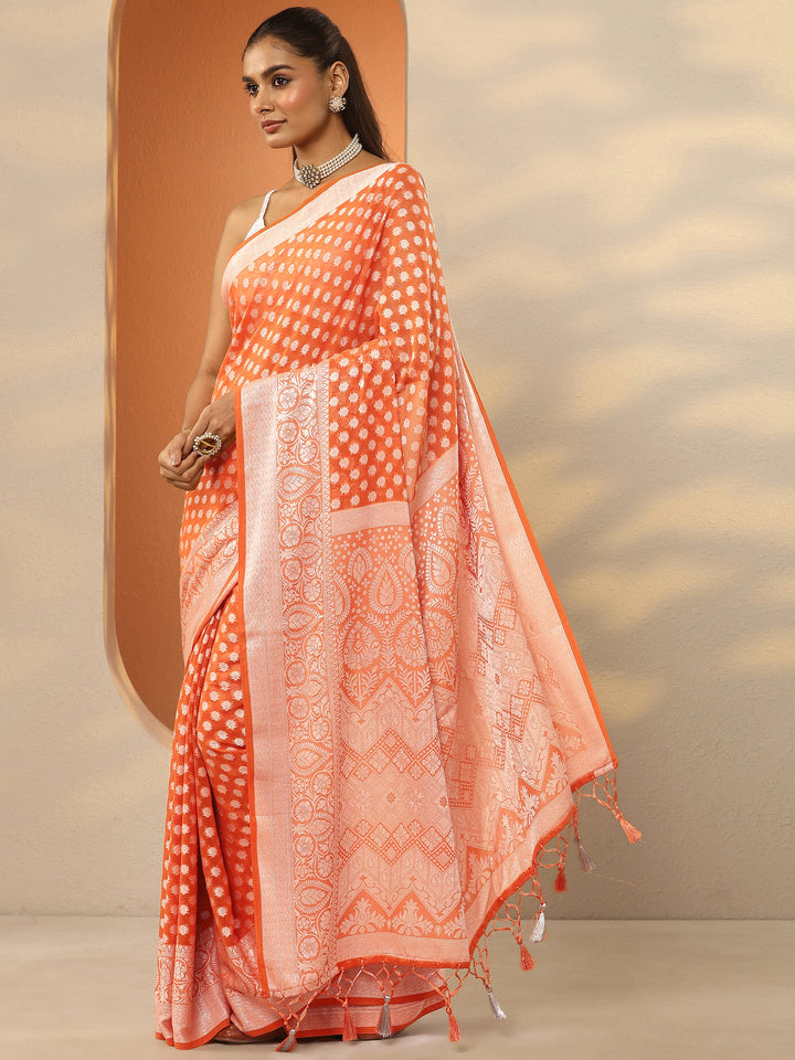 Orange Woven Design Pure Georgette Saree With Unstitched Blouse Piece