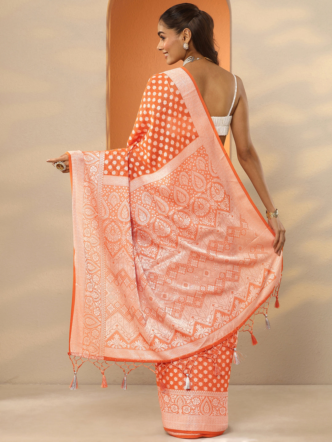 Orange Woven Design Pure Georgette Saree With Unstitched Blouse Piece
