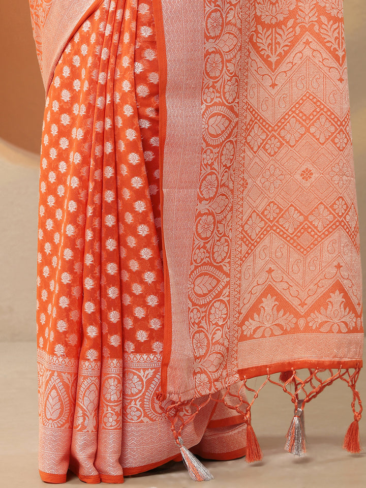 Orange Woven Design Pure Georgette Saree With Unstitched Blouse Piece