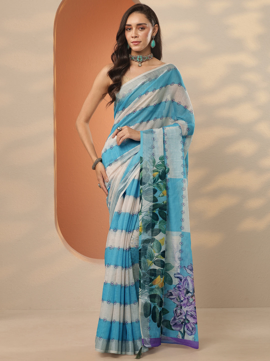 Multi Printed Linen Blend Saree With Unstitched Blouse Piece
