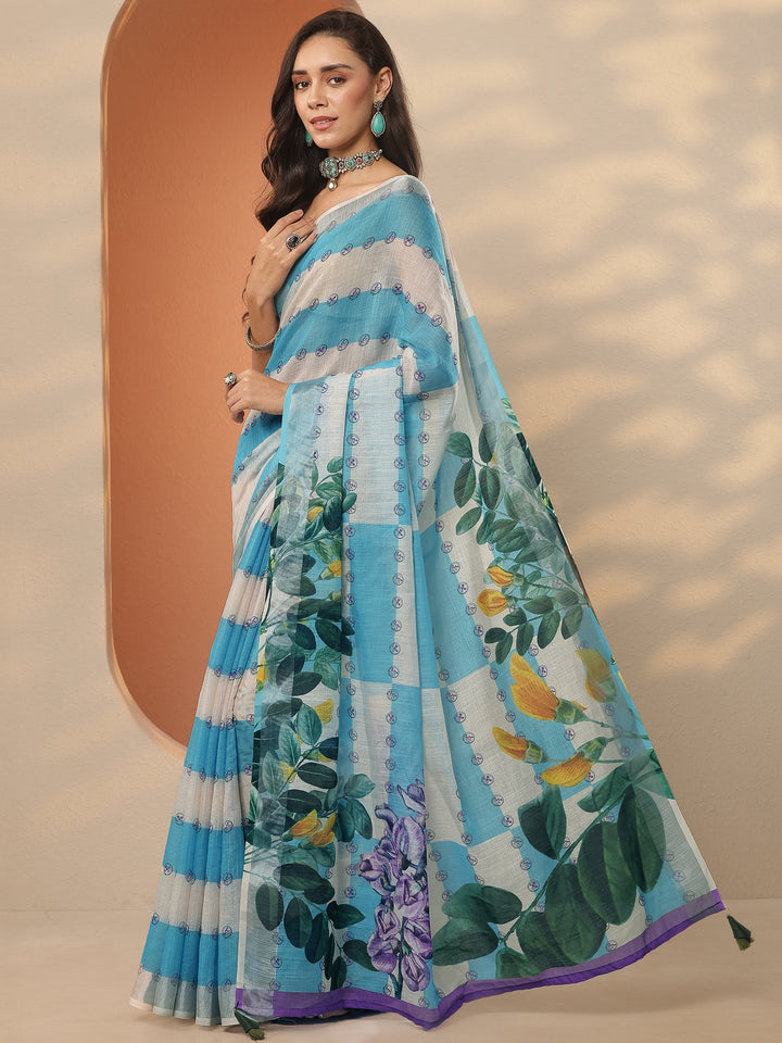 Multi Printed Linen Blend Saree With Unstitched Blouse Piece