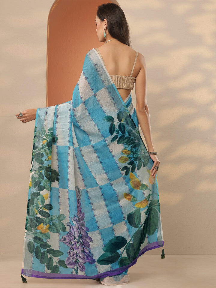 Multi Printed Linen Blend Saree With Unstitched Blouse Piece