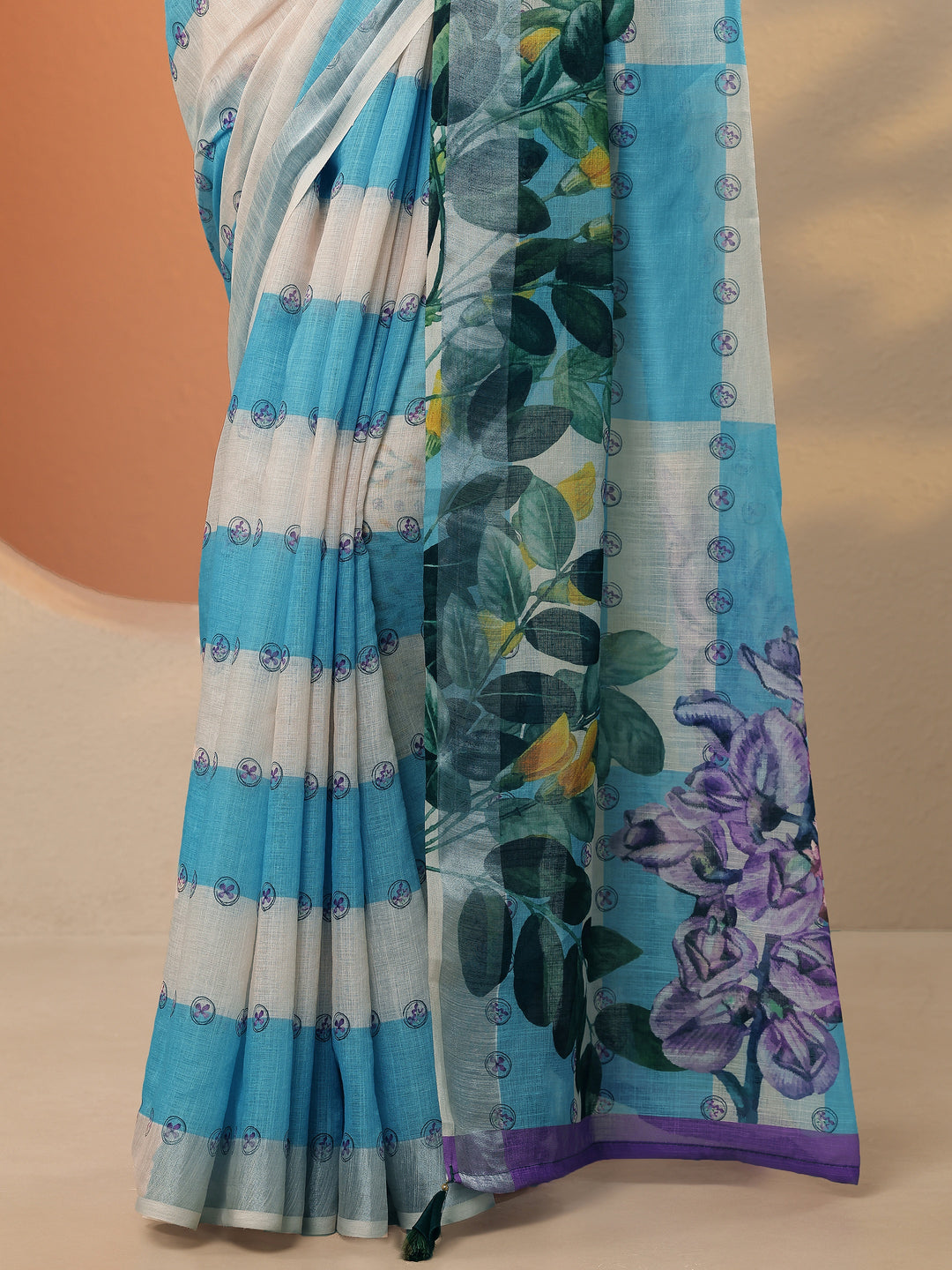 Multi Printed Linen Blend Saree With Unstitched Blouse Piece