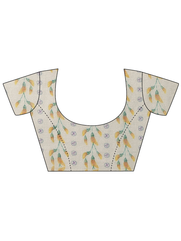 Multi Printed Linen Blend Saree With Unstitched Blouse Piece