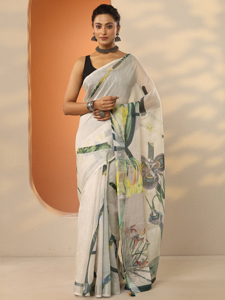 Multi Printed Linen Blend Saree With Unstitched Blouse Piece