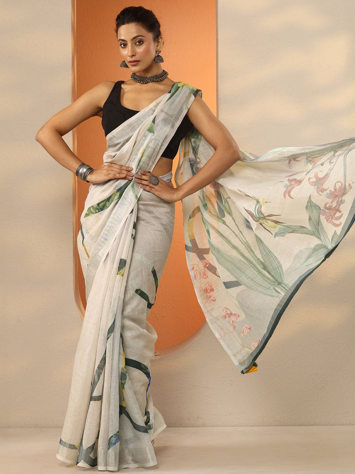 Multi Printed Linen Blend Saree With Unstitched Blouse Piece