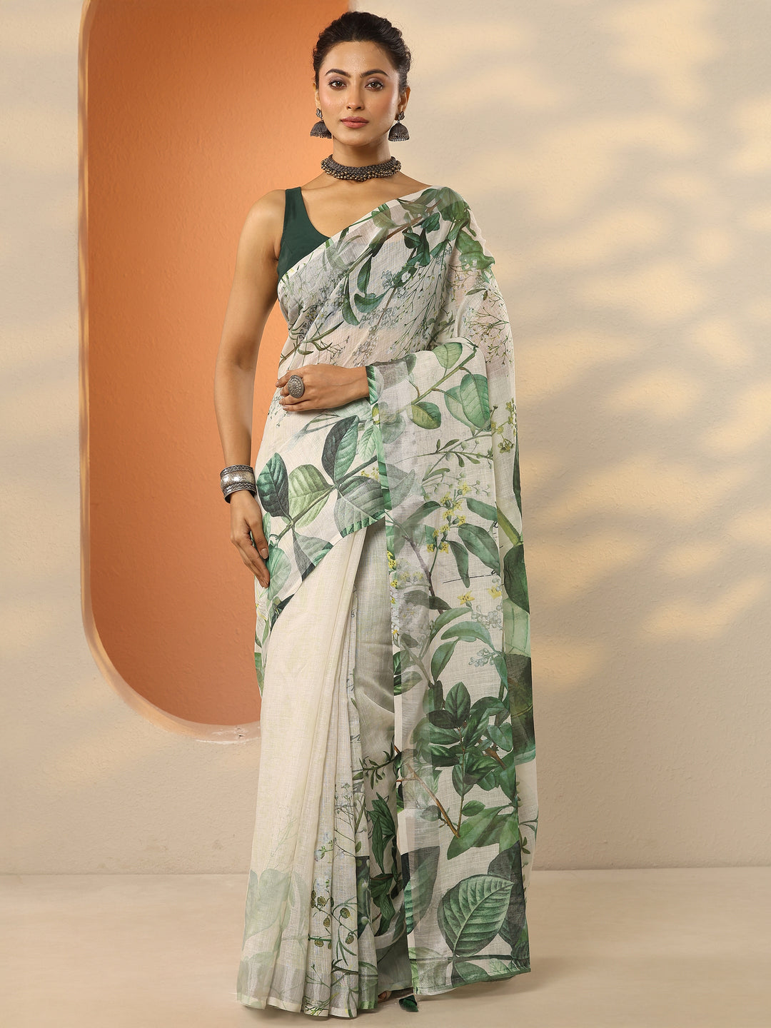 Multi Printed Linen Blend Saree With Unstitched Blouse Piece
