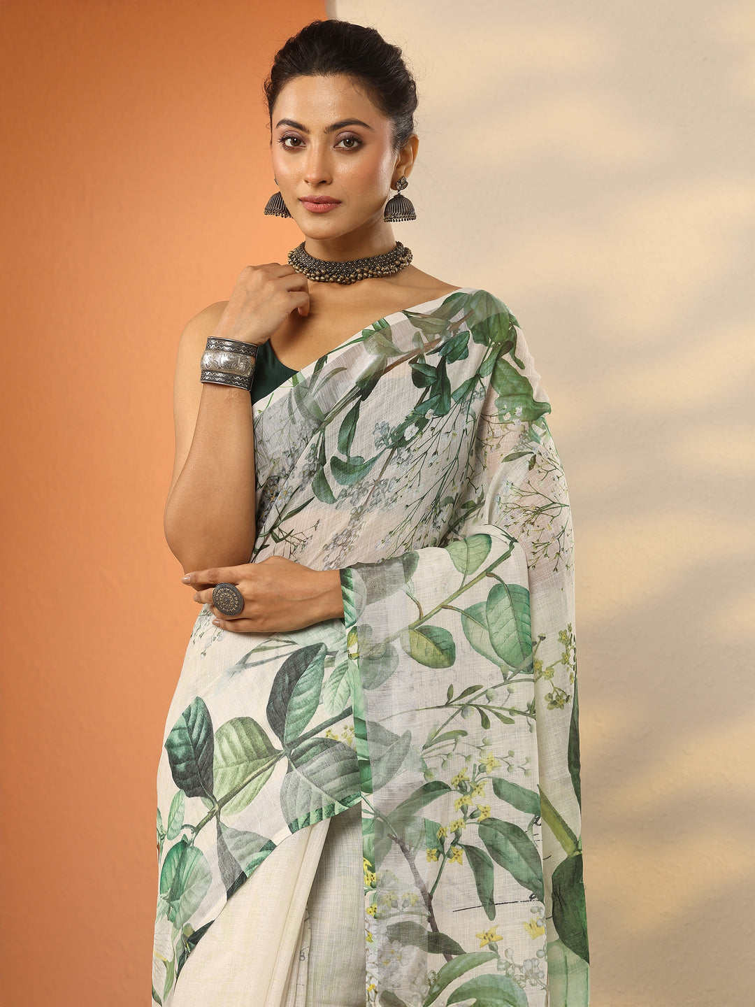 Multi Printed Linen Blend Saree With Unstitched Blouse Piece