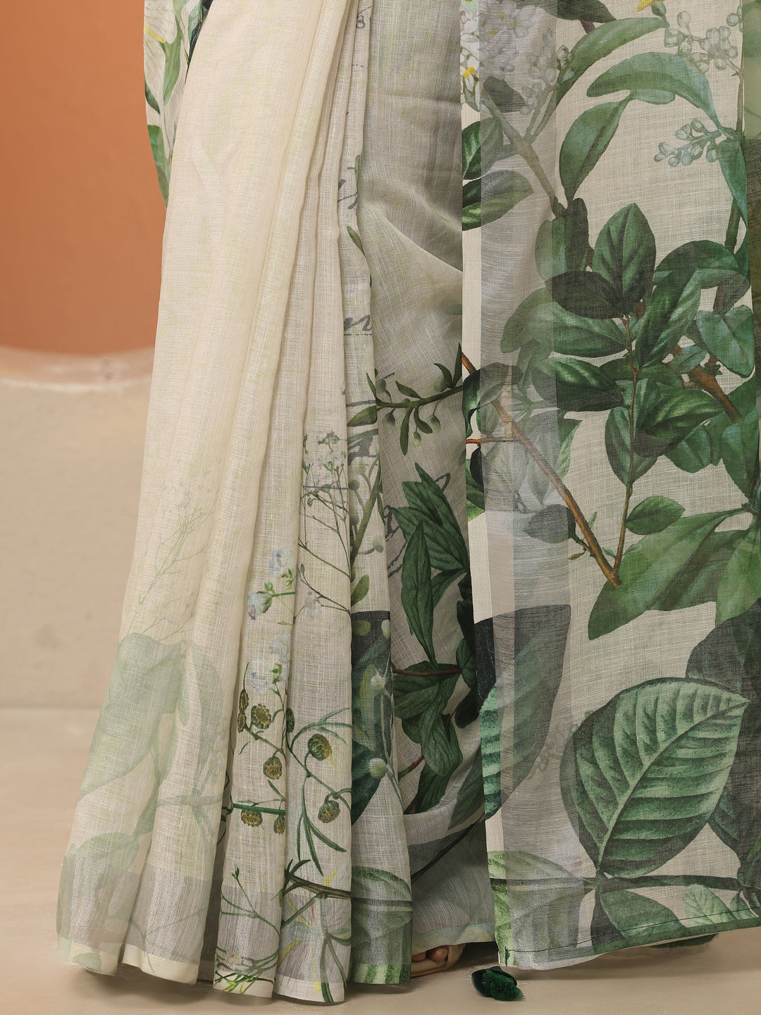 Multi Printed Linen Blend Saree With Unstitched Blouse Piece