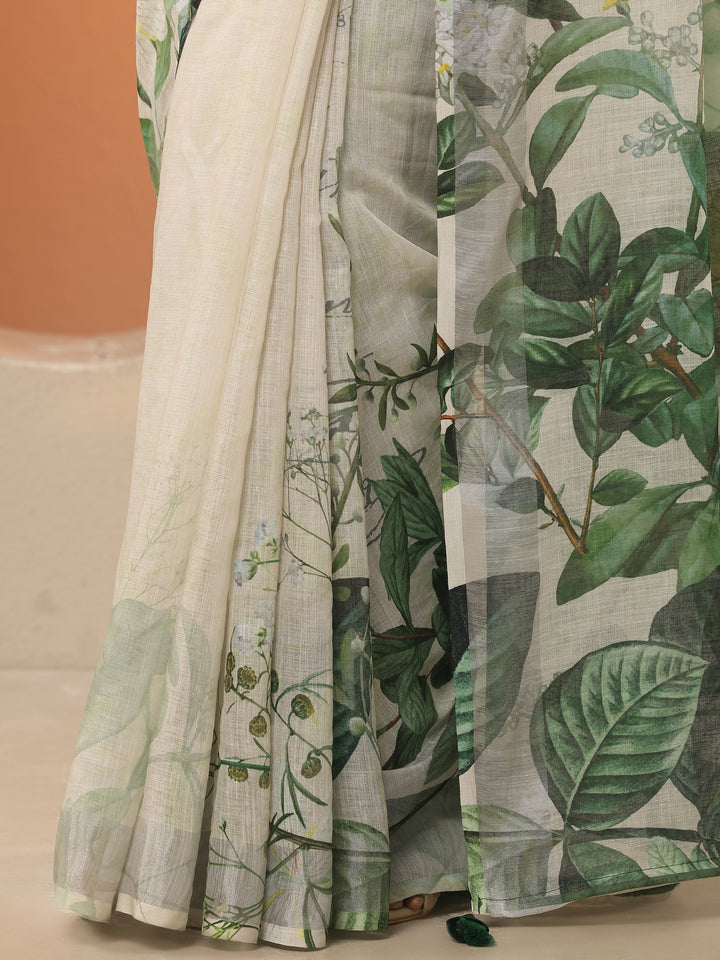 Multi Printed Linen Blend Saree With Unstitched Blouse Piece