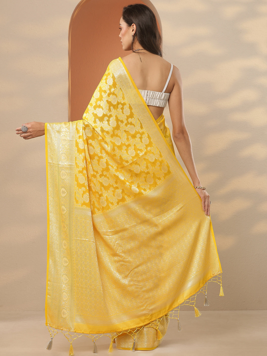 Yellow Woven Design Pure Georgette Saree With Unstitched Blouse Piece