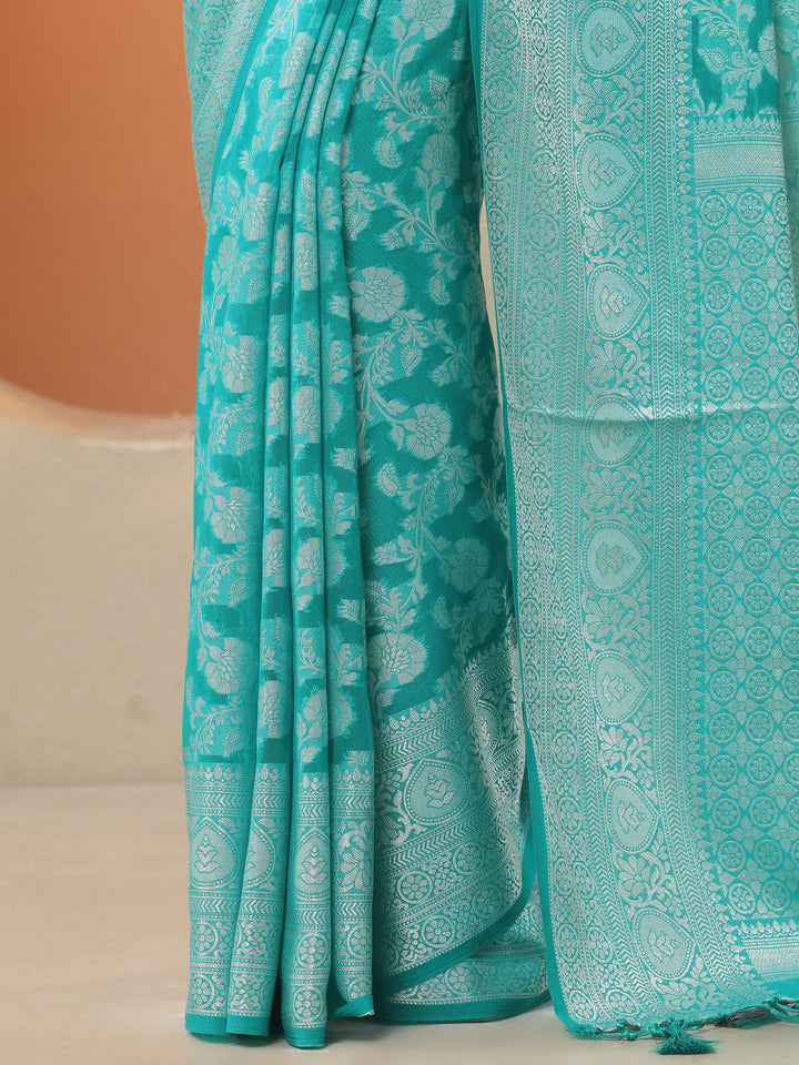 Green Woven Design Pure Georgette Saree With Unstitched Blouse Piece