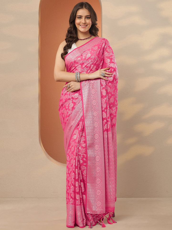 Pink Woven Design Pure Georgette Saree With Unstitched Blouse Piece