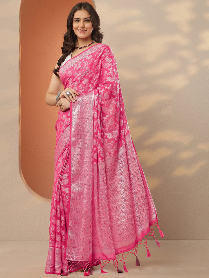 Pink Woven Design Pure Georgette Saree With Unstitched Blouse Piece