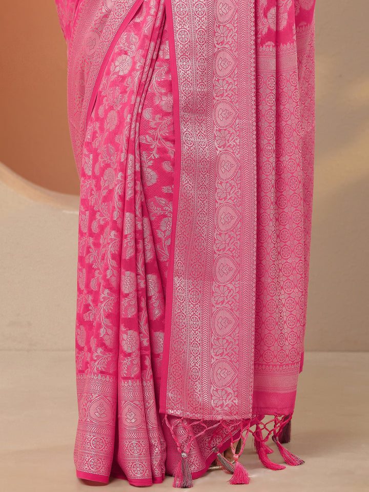 Pink Woven Design Pure Georgette Saree With Unstitched Blouse Piece