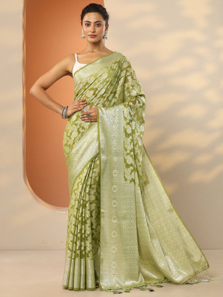 Green Woven Design Pure Georgette Saree With Unstitched Blouse Piece