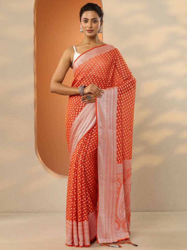 Orange Woven Design Pure Georgette Saree With Unstitched Blouse Piece