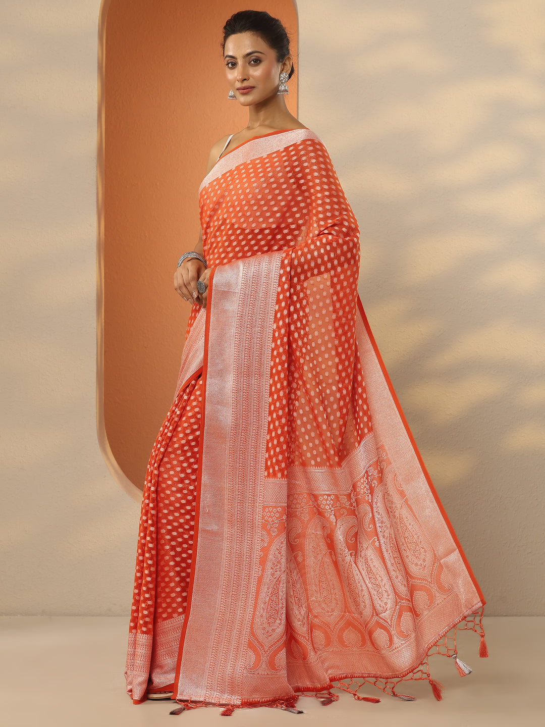 Orange Woven Design Pure Georgette Saree With Unstitched Blouse Piece