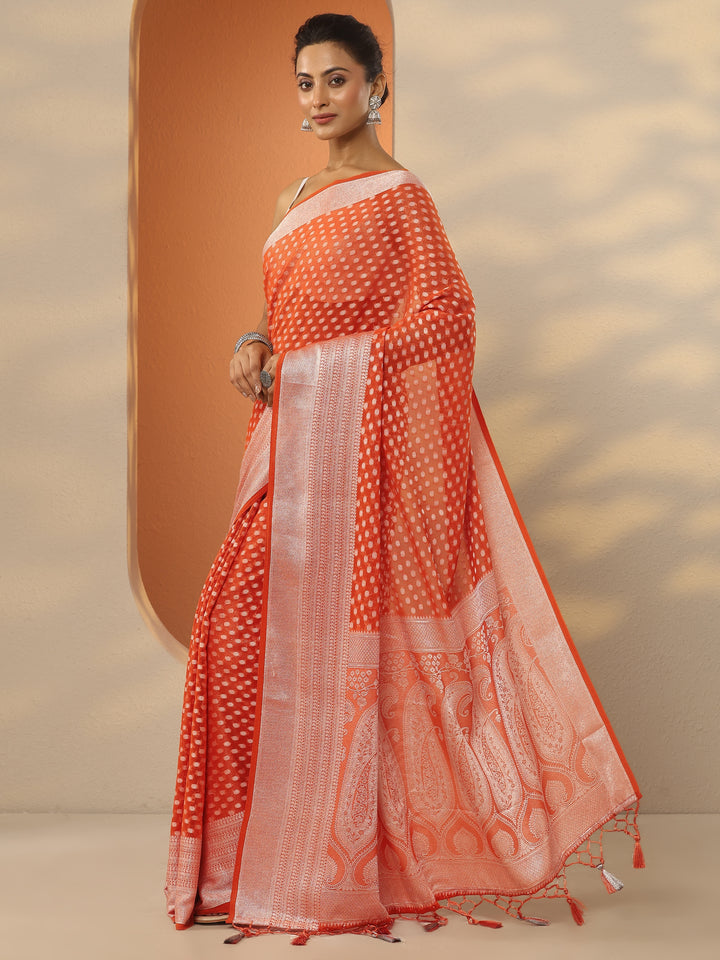 Orange Woven Design Pure Georgette Saree With Unstitched Blouse Piece