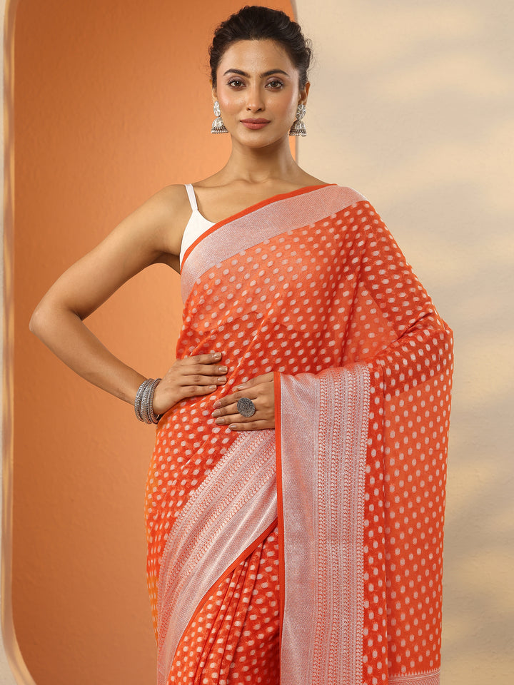 Orange Woven Design Pure Georgette Saree With Unstitched Blouse Piece