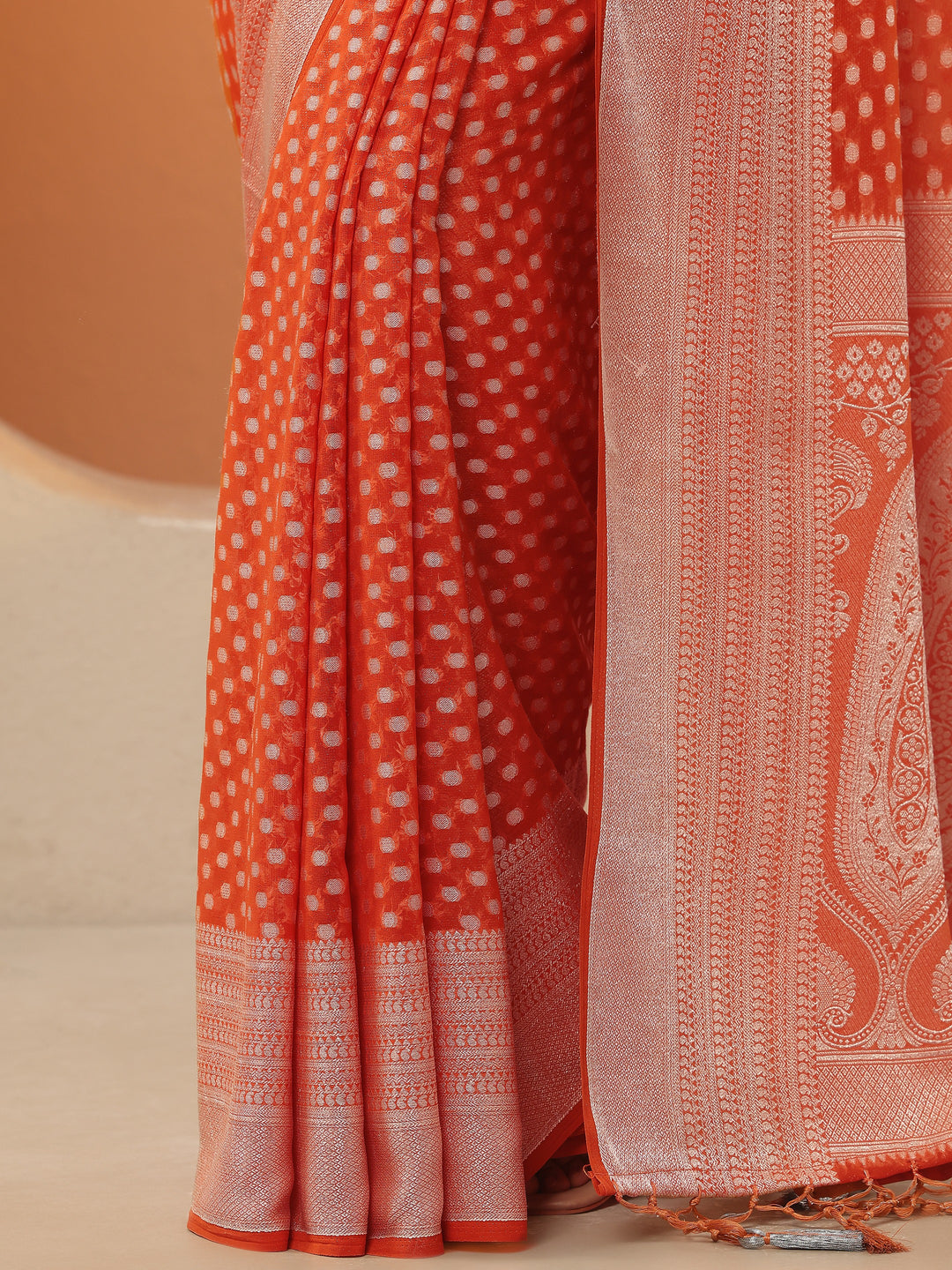 Orange Woven Design Pure Georgette Saree With Unstitched Blouse Piece