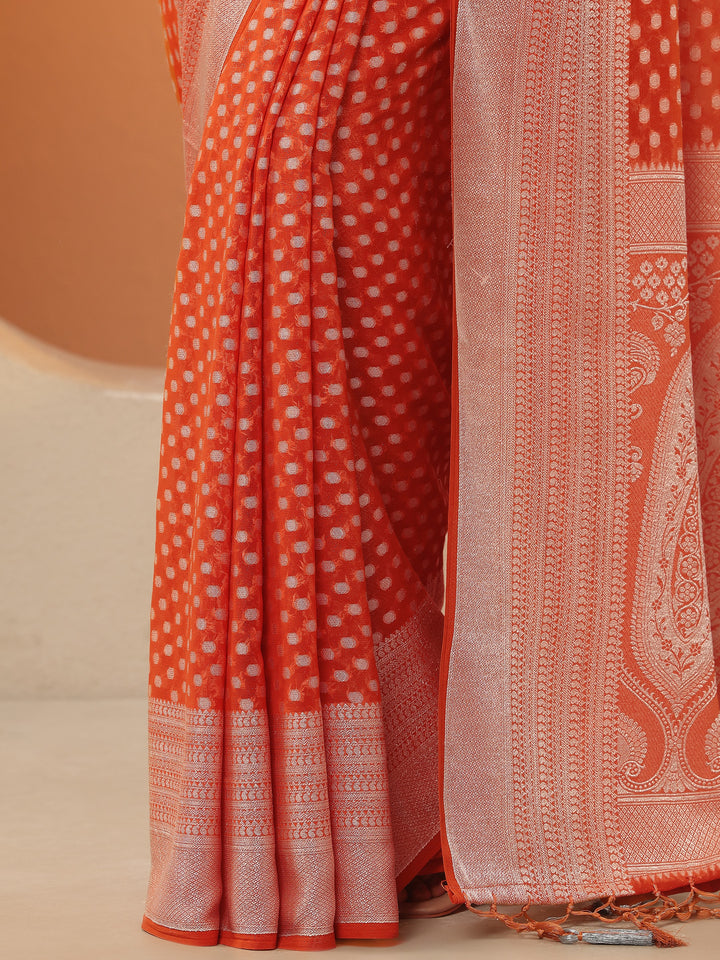 Orange Woven Design Pure Georgette Saree With Unstitched Blouse Piece