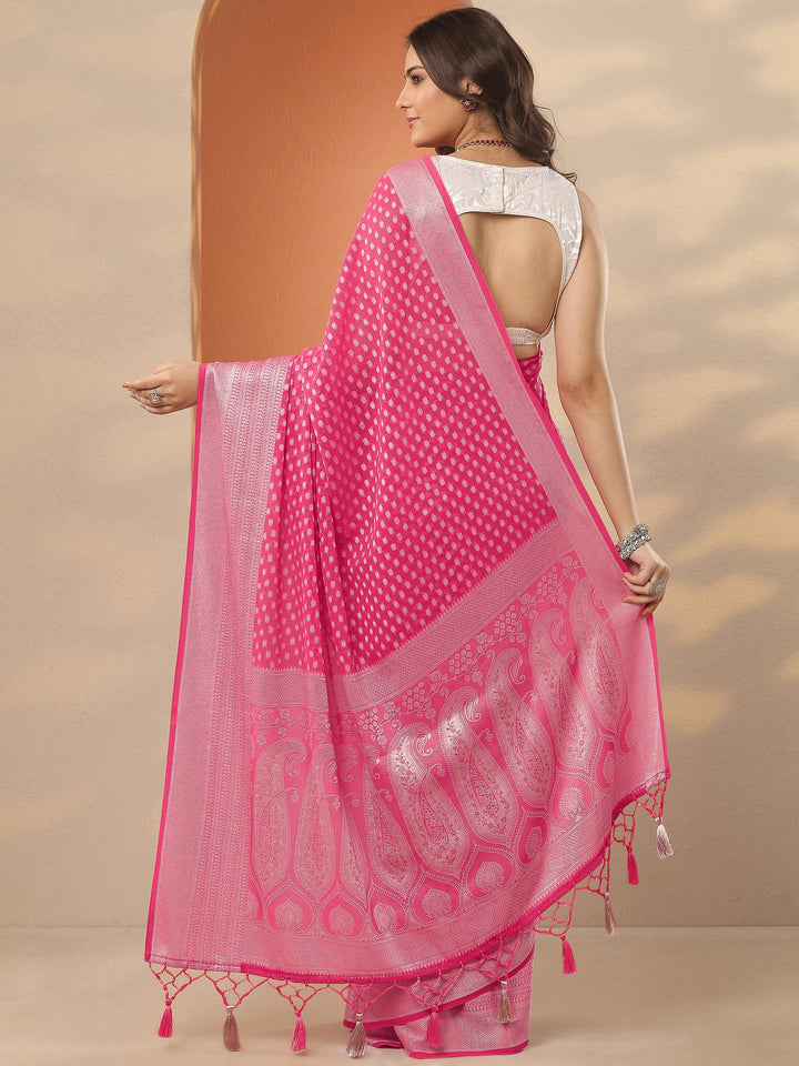 Pink Woven Design Pure Georgette Saree With Unstitched Blouse Piece