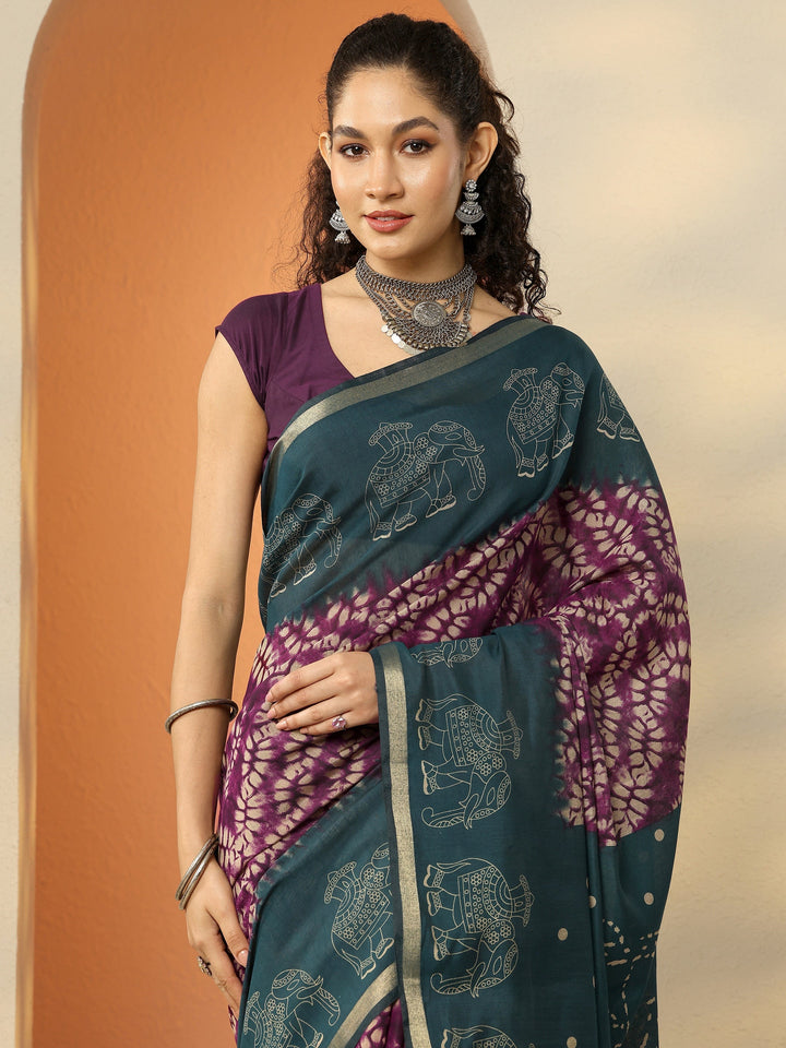 Purple Printed Silk Blend Saree With Unstitched Blouse Piece