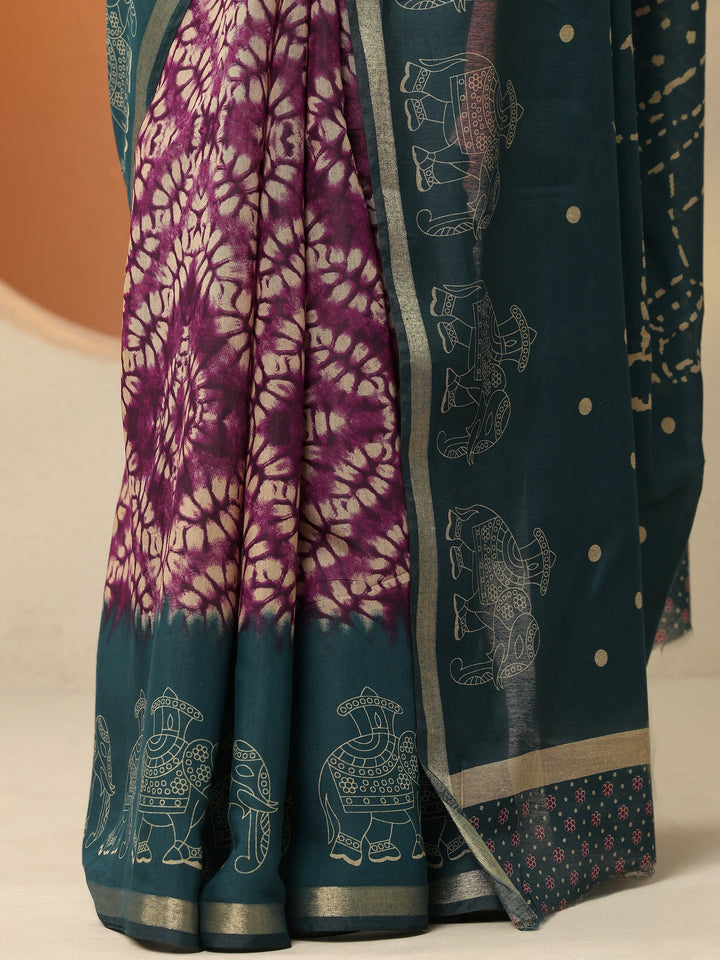 Purple Printed Silk Blend Saree With Unstitched Blouse Piece