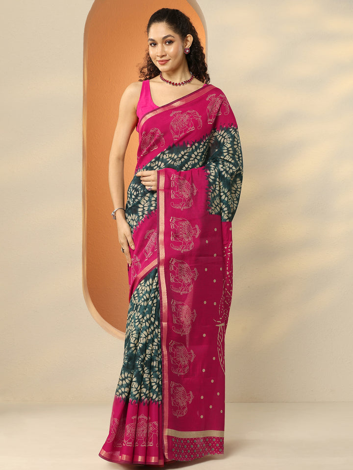 Navy Blue Printed Silk Blend Saree With Unstitched Blouse Piece