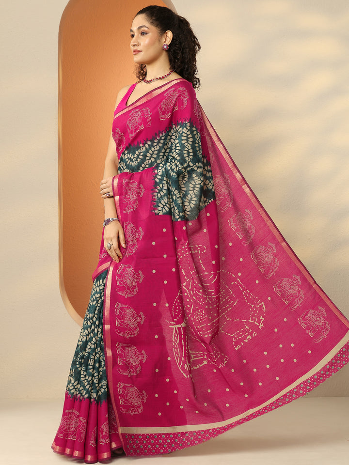 Navy Blue Printed Silk Blend Saree With Unstitched Blouse Piece