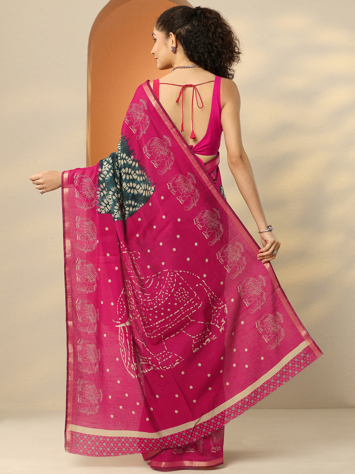 Navy Blue Printed Silk Blend Saree With Unstitched Blouse Piece