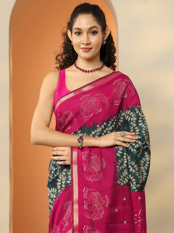 Navy Blue Printed Silk Blend Saree With Unstitched Blouse Piece