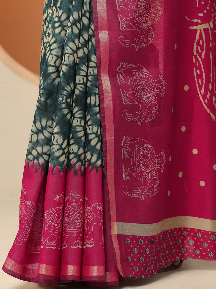 Navy Blue Printed Silk Blend Saree With Unstitched Blouse Piece