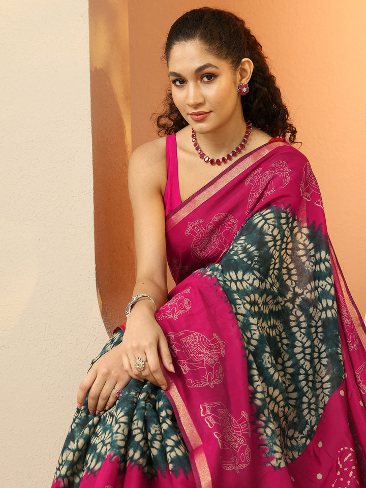Navy Blue Printed Silk Blend Saree With Unstitched Blouse Piece