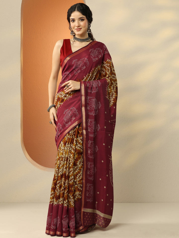 Mustard Printed Silk Blend Saree With Unstitched Blouse Piece