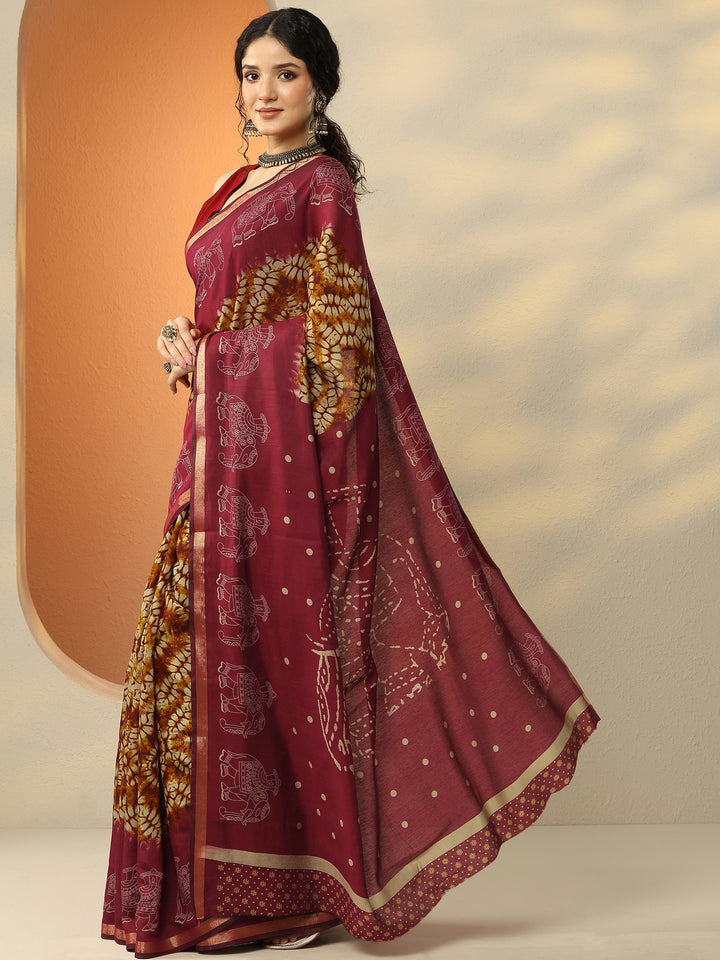 Mustard Printed Silk Blend Saree With Unstitched Blouse Piece